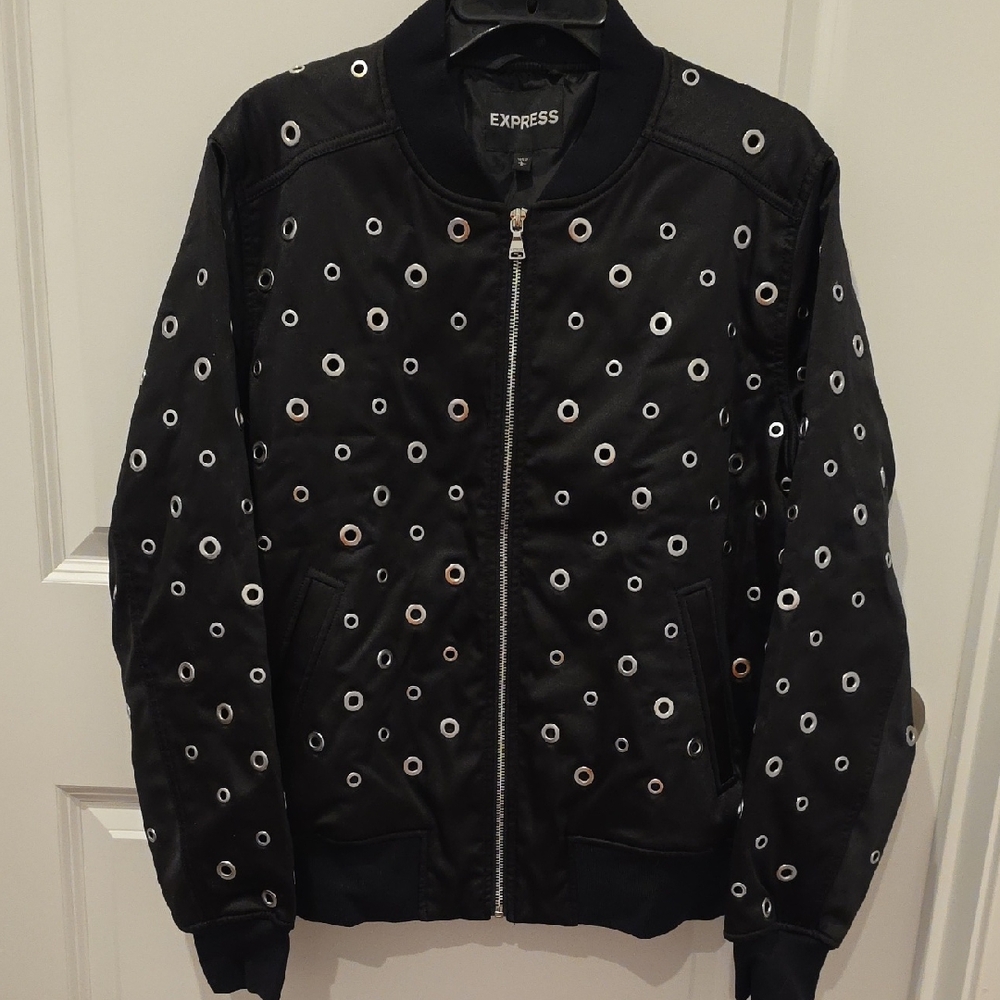 Express Black Bomber Jacket with Metallic Eyelets